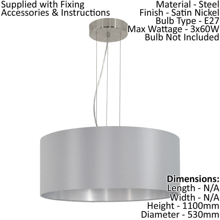 Pendant Light Colour Satin Nickel Steel Shade Grey Silver Fabric Bulb E27 3x60W Loops