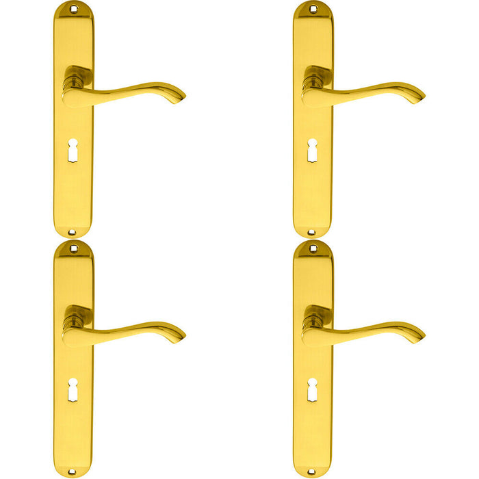 4x PAIR Curved Handle on Long Slim Lock Backplate 241 x 40mm Polished Brass Loops