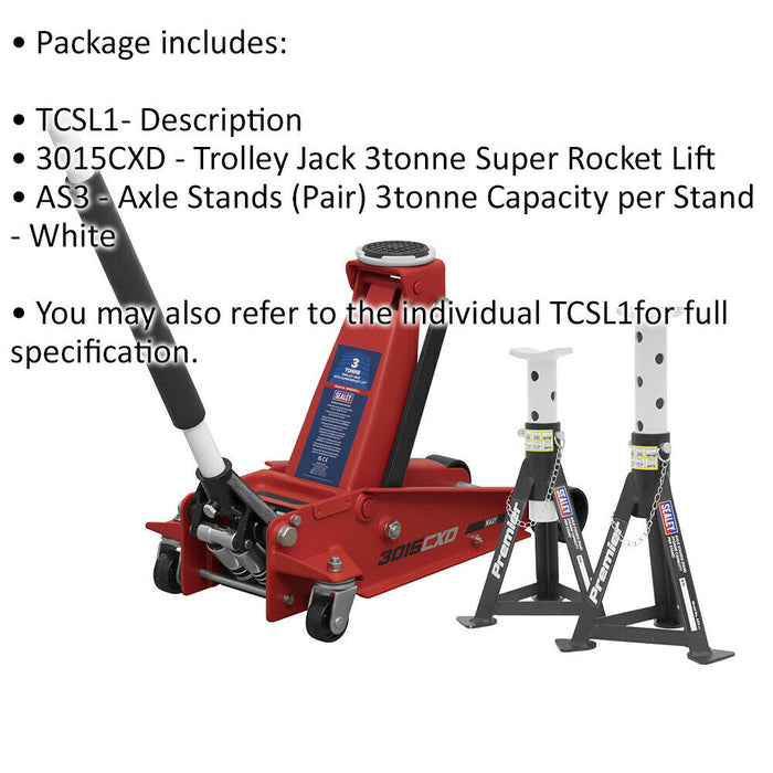 Twin Piston Hydraulic Trolley Jack & 2 x Axle Stand Kit - Safety Overload Loops