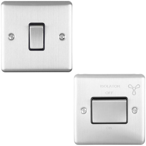 SATIN STEEL Bathroom Switch Set - 1x Light & 1x 6A Extractor Fan Isolator Switch Loops