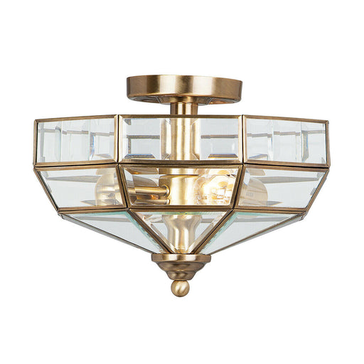2 Bulb Semi Flush Light BevelLED Clear Glass Panels Antique Brass LED E27 60W Loops