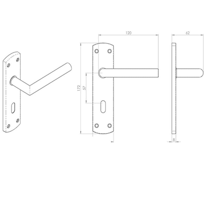 2x Mitred Lever Door Handle on Lock Backplate 172 x 44mm Polished Steel Loops