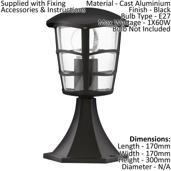 IP44 Outdoor Pedestal Light Black Aluminium Lantern 60W E27 Bulb Wall Post Loops