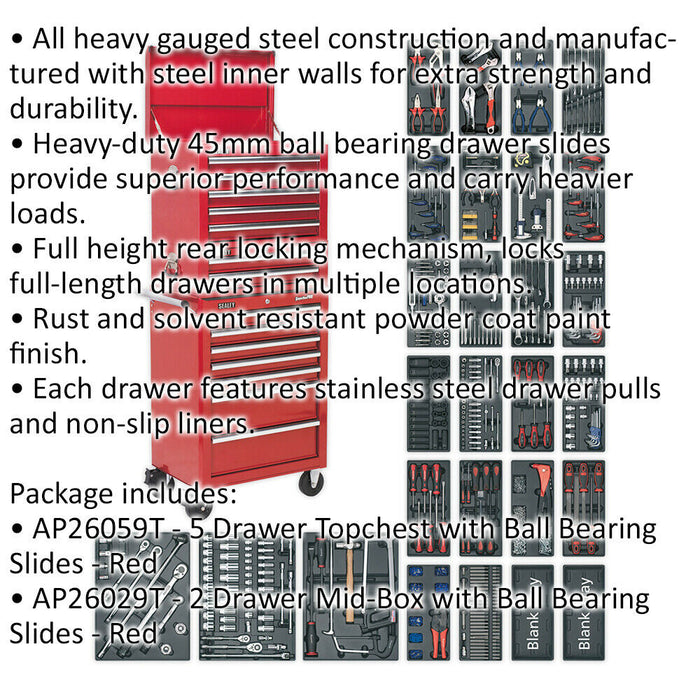 14 Drawer Topchest Mid Box & Rollcab Bundle - 1179 Piece Tool Kit - Red Loops