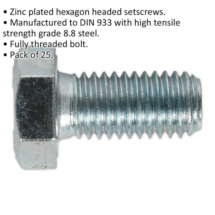 25 PACK HT Setscrew - M12 x 25mm - Grade 8.8 Zinc - Fully Threaded - DIN 933 Loops