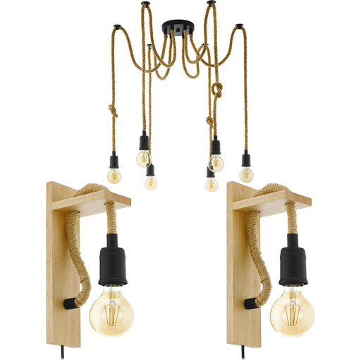 Multi Bulb Ceiling Pendant Light & 2x Matching Wall Lights Black & Rope Trendy Loops