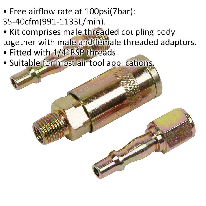 3 Piece Air Tool Coupling Kit - 1/4" BSP Thread - Coupling Body & Adaptors Loops