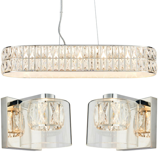 5 Bulb Ceiling Bar & 2x Matching Wall Mount Light Long Chrome & Crystal Glass Loops
