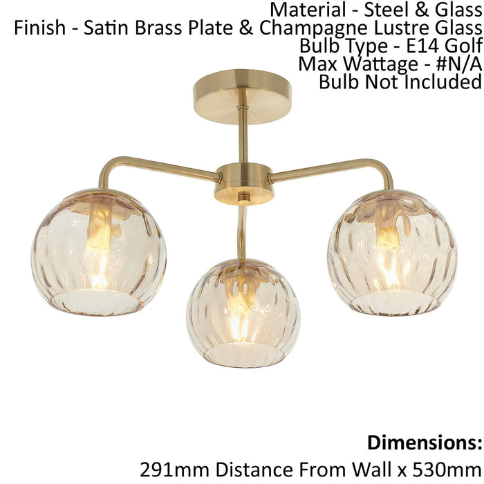 Semi Flush Ceiling Light - Satin Brass & Champagne Lustre Glass - 3 x 25W E14 Loops
