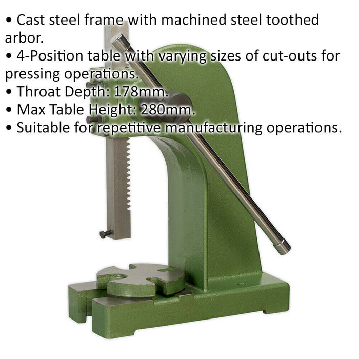 2 Tonne Arbor Press - 4 Position Table - 178mm Throat Depth - Cast Steel Frame Loops
