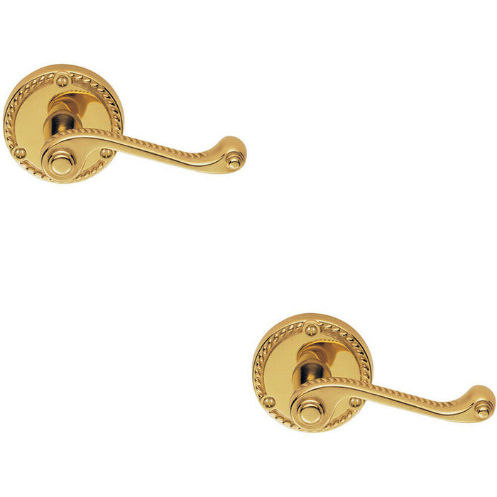 2x PAIR Georgian Scroll Handle on Round Rose Rope Design Pattern Polished Brass Loops