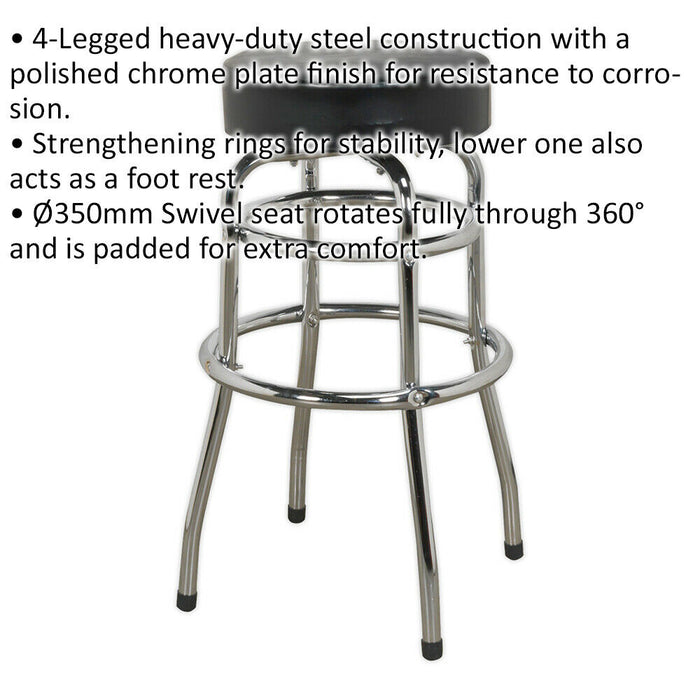 Pneumatic Workshop Stool - Swivel Rotating Seat & Foot Rest - Chrome Plate Frame Loops
