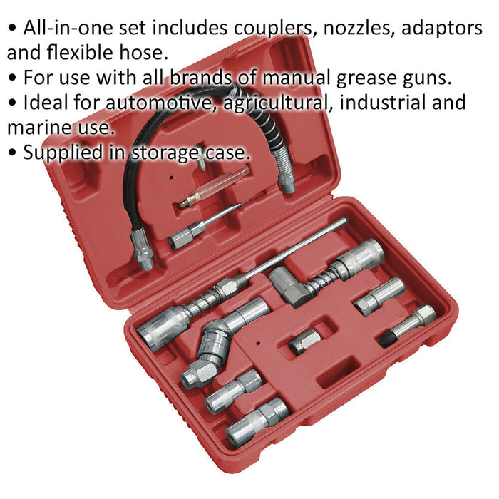 12 Piece Grease Gun Adaptor Kit - Couplers Nozzles & Adaptors - Flexible Hose Loops