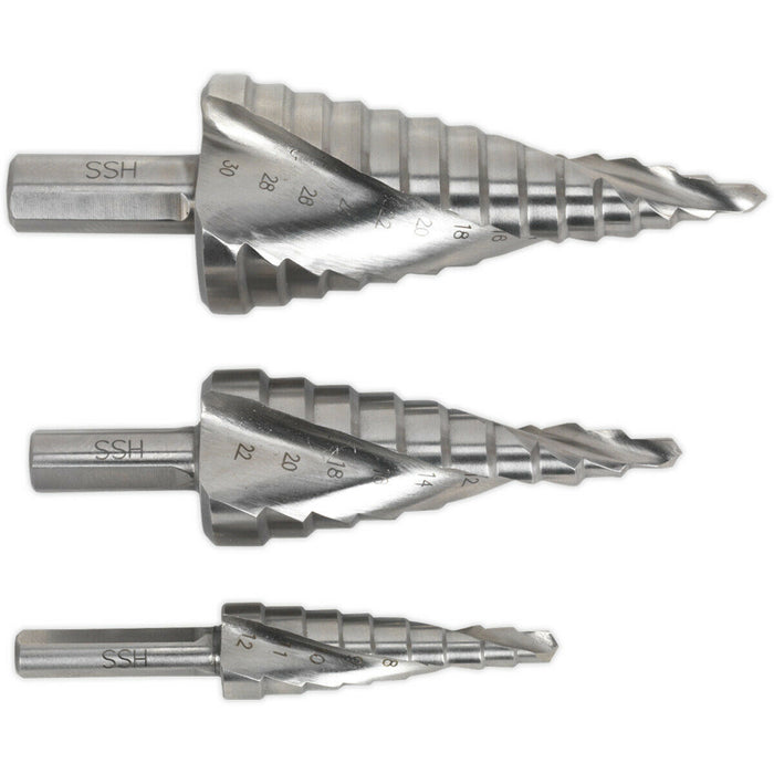 3 Piece HSS 4341 Spiral Flute Step Drill Bit - 3 Sizes - Precision Hole Drilling Loops