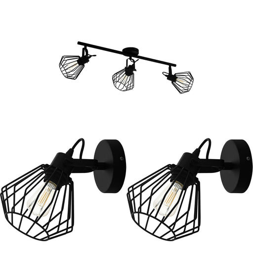 Ceiling Spot Light & 2x Matching Wall Lights Black Wire Cage Adjustable Lamp Loops