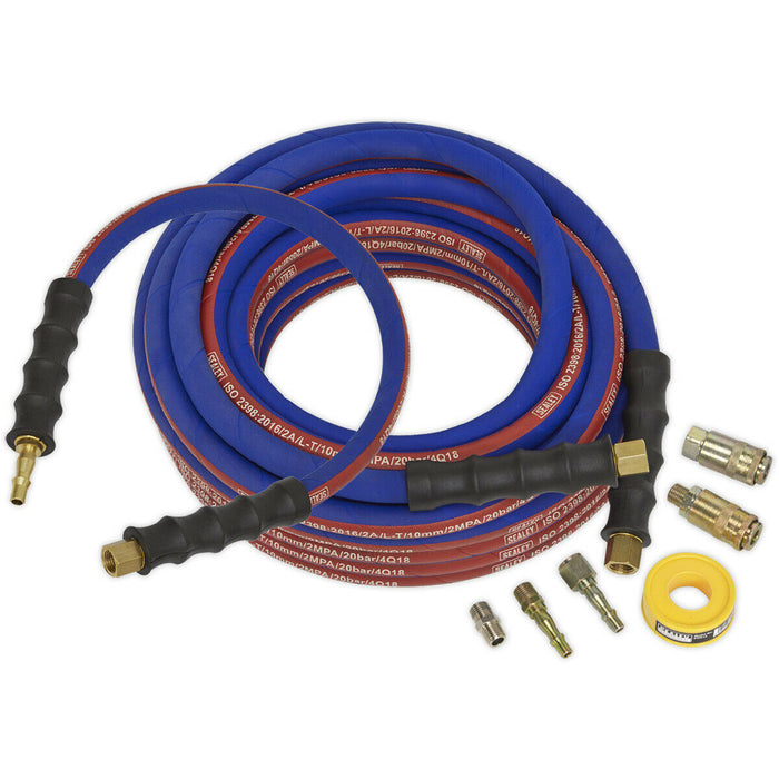 15m Heavy Duty Air Hose Kit - 1/4 Inch BSP Unions Leader Hose Adaptors and Tape Loops