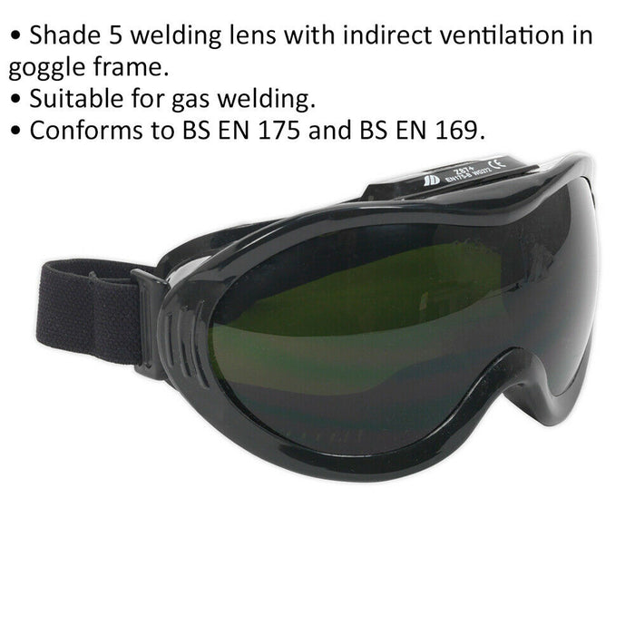 Gas Welding Goggles - Shade 5 Lens - Indirect Ventilation - Adjustable Band Loops