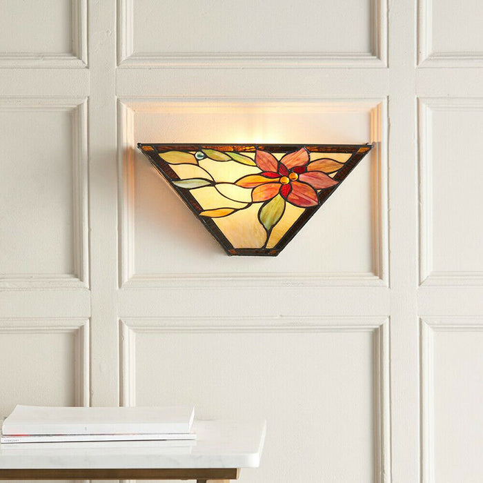 Tiffany Glass Wall Light Cream & Bold Red Flower Shade Interior Sconce i00251 Loops