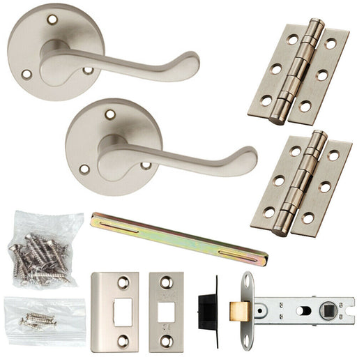 Door Handle & Latch Pack Satin Chrome Victorian Scroll Lever 58mm Round Rose Loops