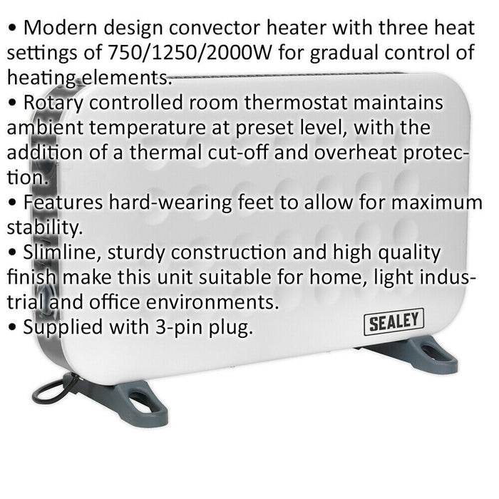 2000W Convector Heater Radiator - Thermostat - 3 Heat Settings - 230V Supply Loops