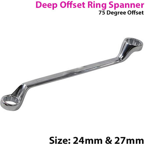24mm & 27mm Deep 75° Offset Double Ended Ring Spanner Hardened & Tempered Steel Loops
