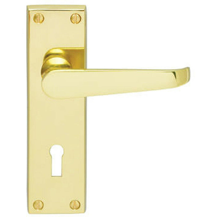 PAIR Victorian Flat Lever on Lock Backplate Handle 150 x 42mm Polished Brass Loops