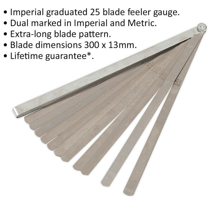 25 Blade Feeler Gauge - Extra-Long 300 x 13mm Blades - Imperial & Metric Loops