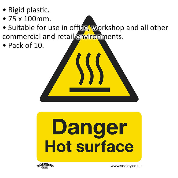 10x DANGER HOT SURFACE Health & Safety Sign - Rigid Plastic 75 x 100mm Warning Loops
