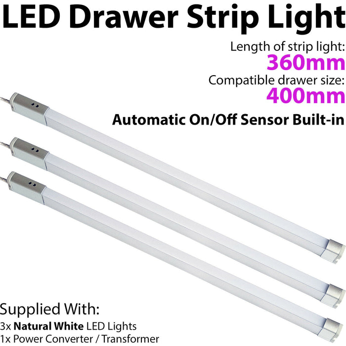 3x 400mm LED Drawer Strip Light AUTO ON/OFF PIR SENSOR Kitchen Cupboard Door Loops