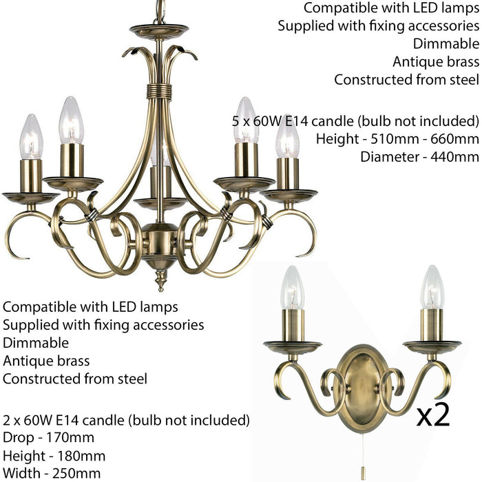 5 Lamp Ceiling & 2x Twin Wall Light Pack Antique Brass Vintage Matching Fittings Loops