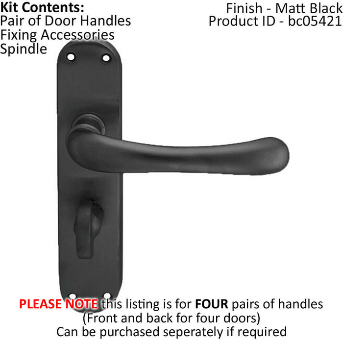 4x PAIR Smooth Rounded Lever on Shaped Bathroom Backplate 185 x 42mm Matt Black Loops