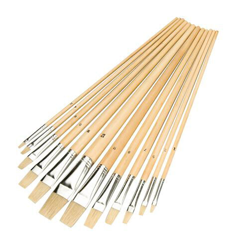 12 Piece Paintbrush Set 1mm 12m Flat Tipped Pure Bristle Brush Artists Crafts Loops