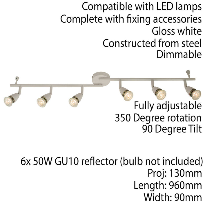 Adjustable Ceiling Spotlight Gloss White 6 Light Bar Downlight Modern Lamp Loops