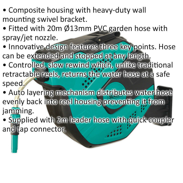 20m Auto-Rewind Control Garden Hose Pipe Reel - 13mm PVC Hose - Spray Jet Nozzle Loops
