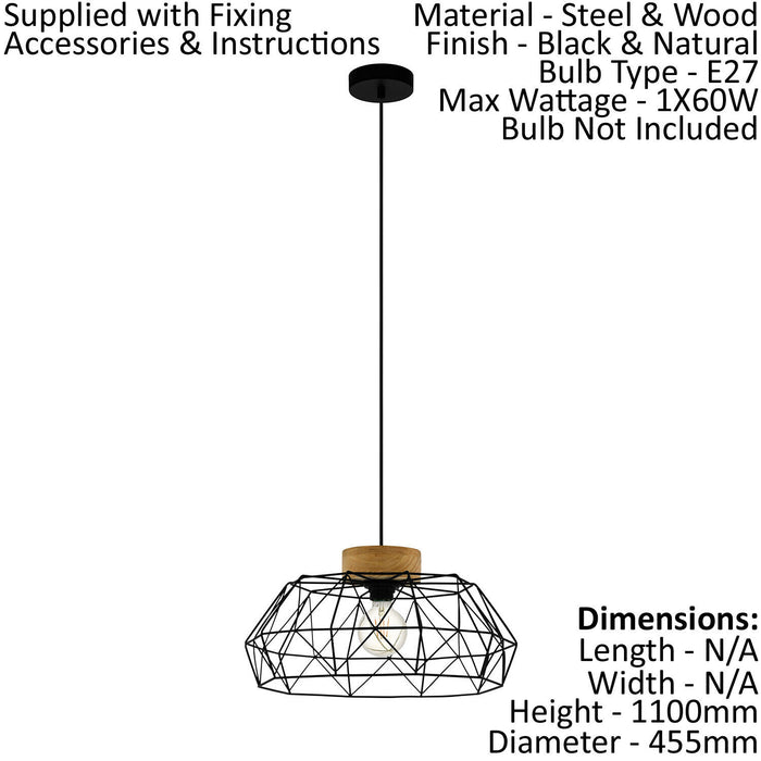Hanging Ceiling Pendant Light Black Geometric Cage & Wood 1x E27 Bulb Feature Loops