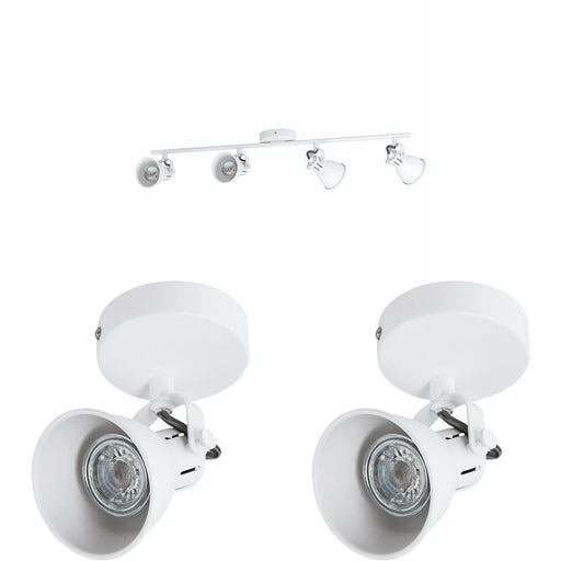 Quad Ceiling Spot Light & 2x Matching Wall Lights Matt White Adjustable Shade Loops