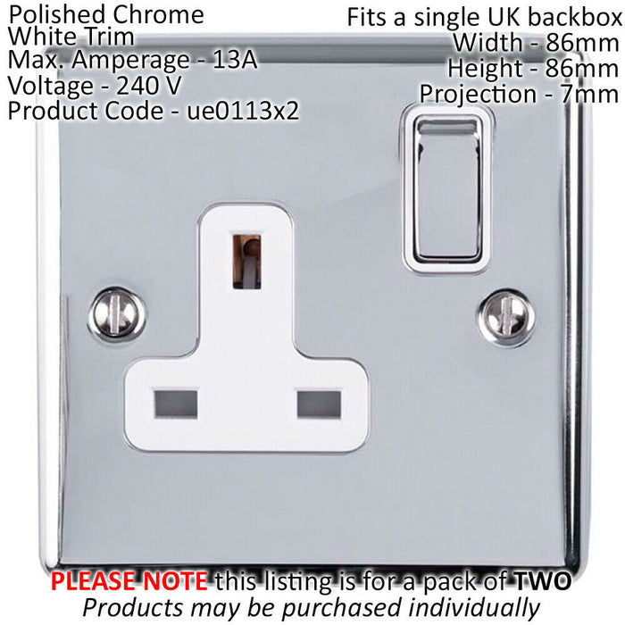 2 PACK 1 Gang Single UK Plug Socket POLISHED CHROME 13A Switched White Trim Loops
