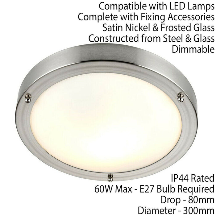 IP44 Outdoor Dimmable Bulkhead Light Satin Nickel Bathroom Flush Ceiling Lamp Loops