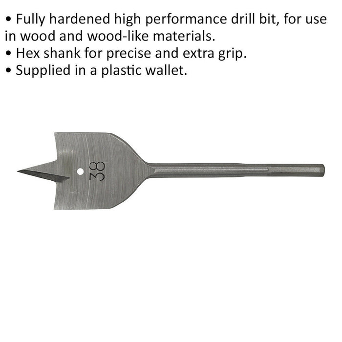 38 x 152mm Fully Hardened Wood Drill Bit - Hex Shank - High Performance Woodwork Loops