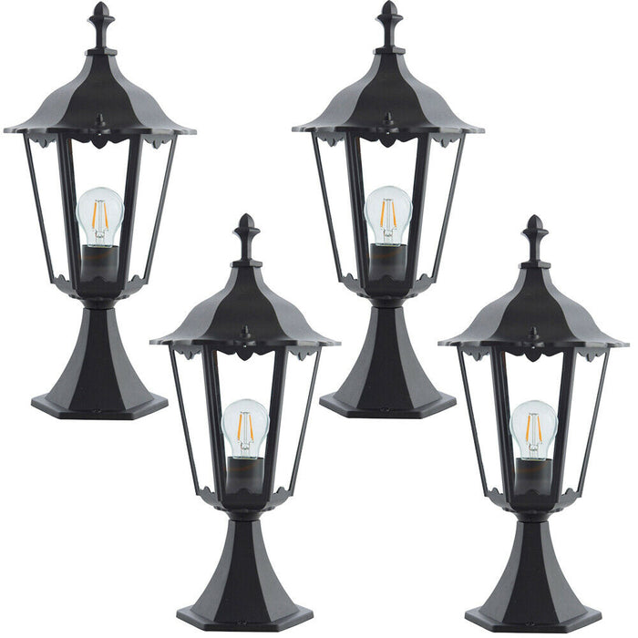 4 PACK Outdoor Post Lantern Light Matt Black & Clear Glass Garden Wall Lamp LED Loops