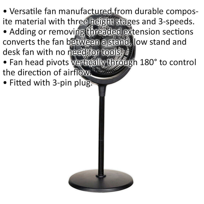 12" Desk & Pedestal Fan - 3 Speed Settings - Adjustable Height - 3-Pin UK Plug Loops