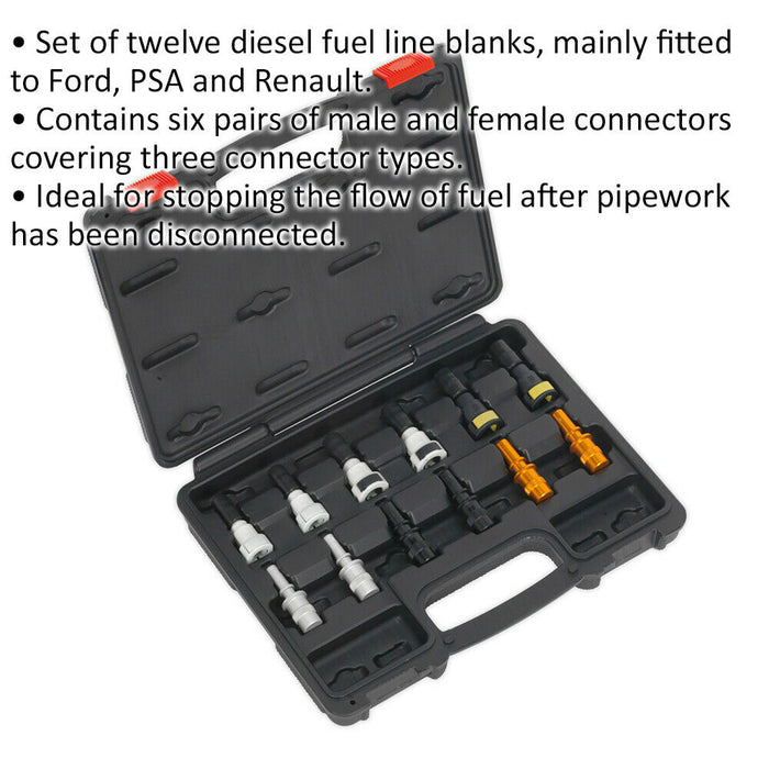 12 Piece Diesel Fuel Line Blanks Set - Male & Female Connectors - Line Stoppers Loops