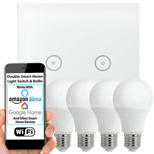 WiFi Light Switch & Bulb 4x 10W E27 Cool White Lamp & Double Wireless Wall Plate Loops