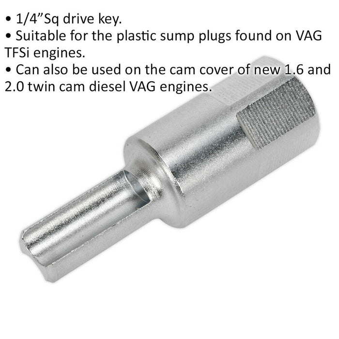 Oil Drain Plug Key - 1/4" Sq Drive - Suitable for VAG Vehicle Sump Plugs Loops