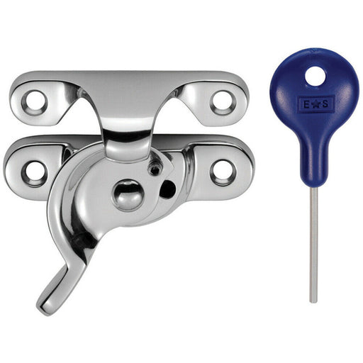 Locking Fitch Pattern Sash Window Fastener 49mm Fixing Centres Polished Chrome Loops