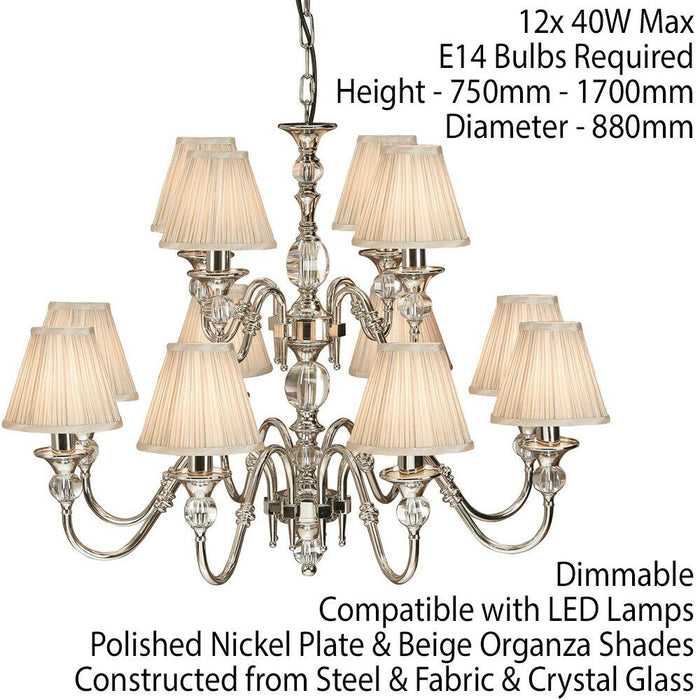 Diana Ceiling Pendant Chandelier Bright Nickel & Beige Pleat Shade 12 Lamp Light Loops