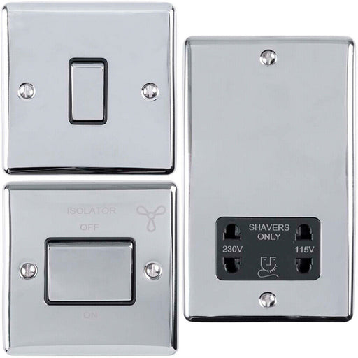 CHROME Bathroom Switch Set -1 Light | 1 Fan Isolator | 1 Twin Shaver Socket Loops