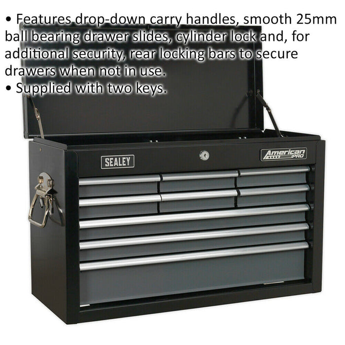 600 x 260 x 380mm BLACK 9 Drawer Topchest Tool Chest Storage Unit - High Gloss Loops