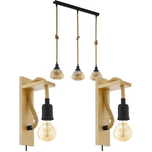 Linear Ceiling Pendant & 2x Matching Wall Lights Black Rope & Amber Glass Shade Loops