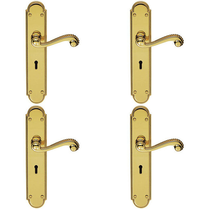 4x PAIR Beaded Pattern Handle on Lock Backplate 249 x 50mm Polished Brass Loops